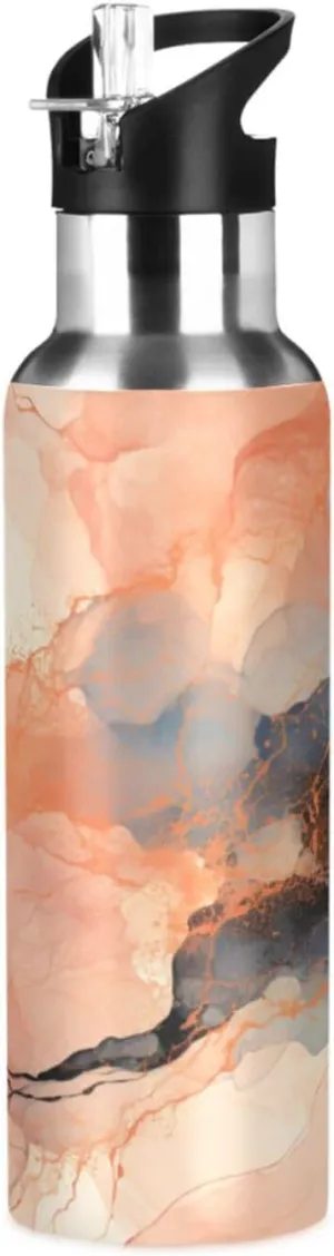 Orange Marble Abstract Art Sport Water Bottle Insulated Stainless Steel Large Vacuum Flask Leak Proof Thermos with Straw for Travel(600ml/1000ml)