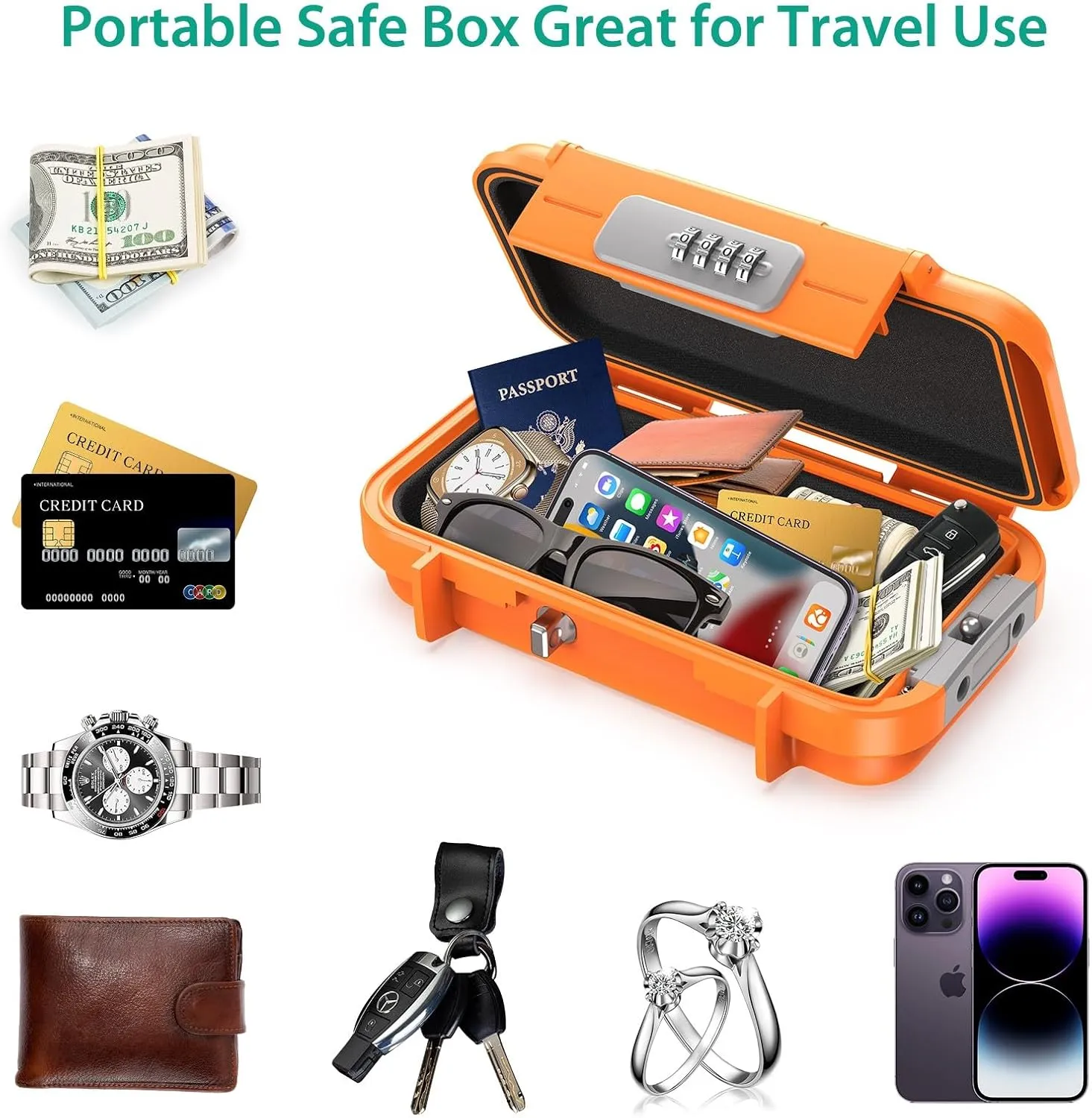 ORIA Portable Security Case, Personal Travel Safe Box, Anti-Theft Waterproof Beach Safe Lock Box with 4-digit Combination Code, Removable Chain, for Cash Jewelry Phones Credit Cards, Orange