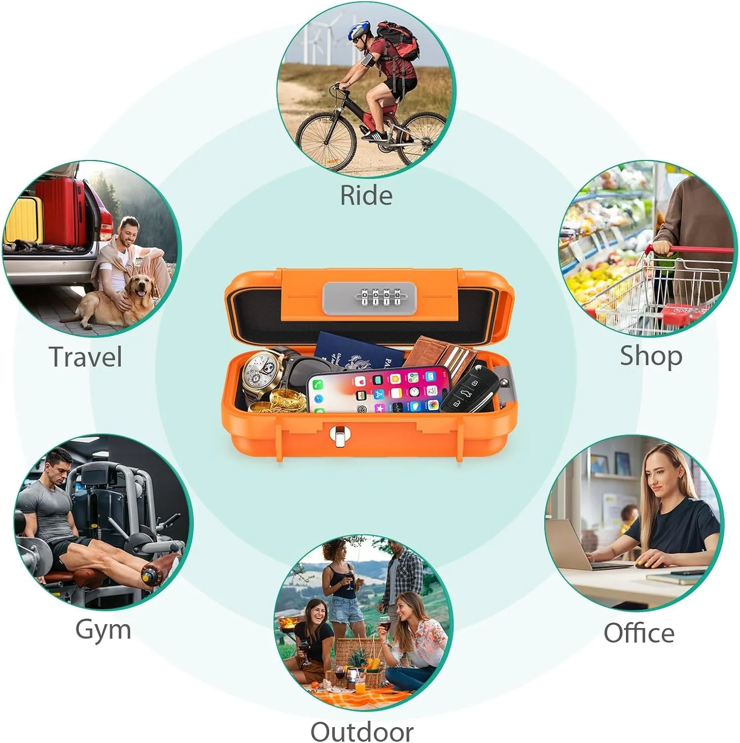 ORIA Portable Security Case, Personal Travel Safe Box, Anti-Theft Waterproof Beach Safe Lock Box with 4-digit Combination Code, Removable Chain, for Cash Jewelry Phones Credit Cards, Orange