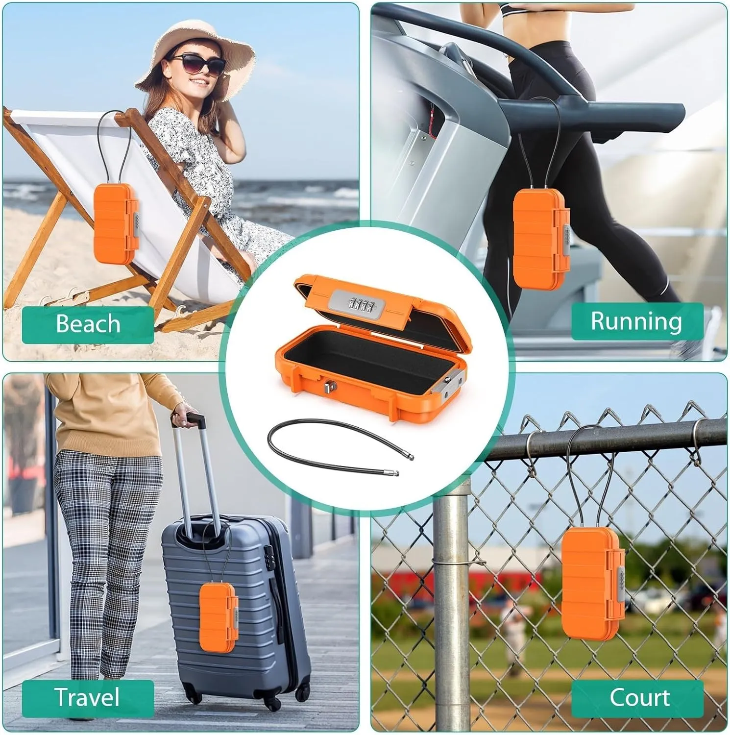 ORIA Portable Security Case, Personal Travel Safe Box, Anti-Theft Waterproof Beach Safe Lock Box with 4-digit Combination Code, Removable Chain, for Cash Jewelry Phones Credit Cards, Orange