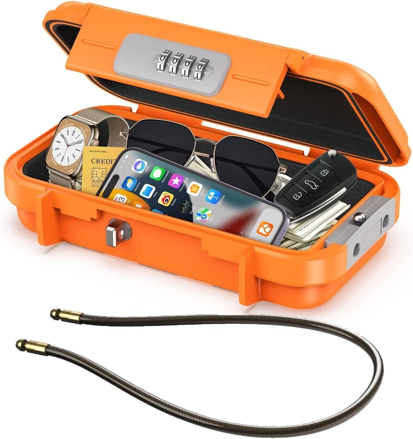 ORIA Portable Security Case, Personal Travel Safe Box, Anti-Theft Waterproof Beach Safe Lock Box with 4-digit Combination Code, Removable Chain, for Cash Jewelry Phones Credit Cards, Orange
