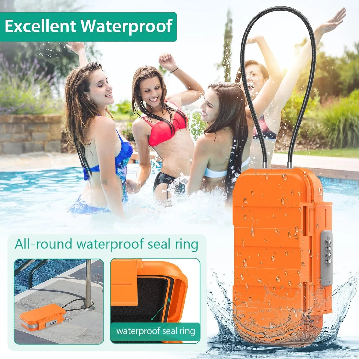 ORIA Portable Security Case, Personal Travel Safe Box, Anti-Theft Waterproof Beach Safe Lock Box with 4-digit Combination Code, Removable Chain, for Cash Jewelry Phones Credit Cards, Orange