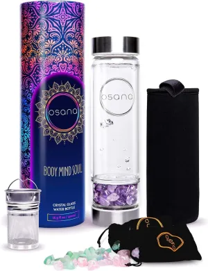 OSANA Crystal Water Bottle with 3 Changeable Healing Crystals - Amethyst, Rose Quartz, Green Fluorite - Loose Leaf Tea Bottle - Gem Elixir Infused Glass - 16.9 oz