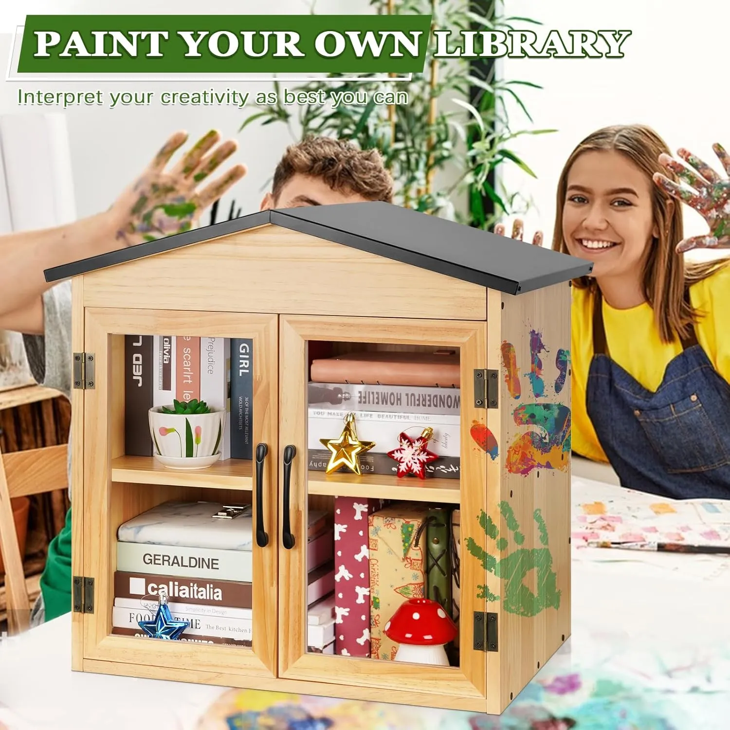 Outdoor Library Outdoor Book Box Storage Small Wooden Cabinet Little Literature Box for Neighborhoods Community and Schools Sharing Books, Flyers, Newspapers, Food and Art (D)