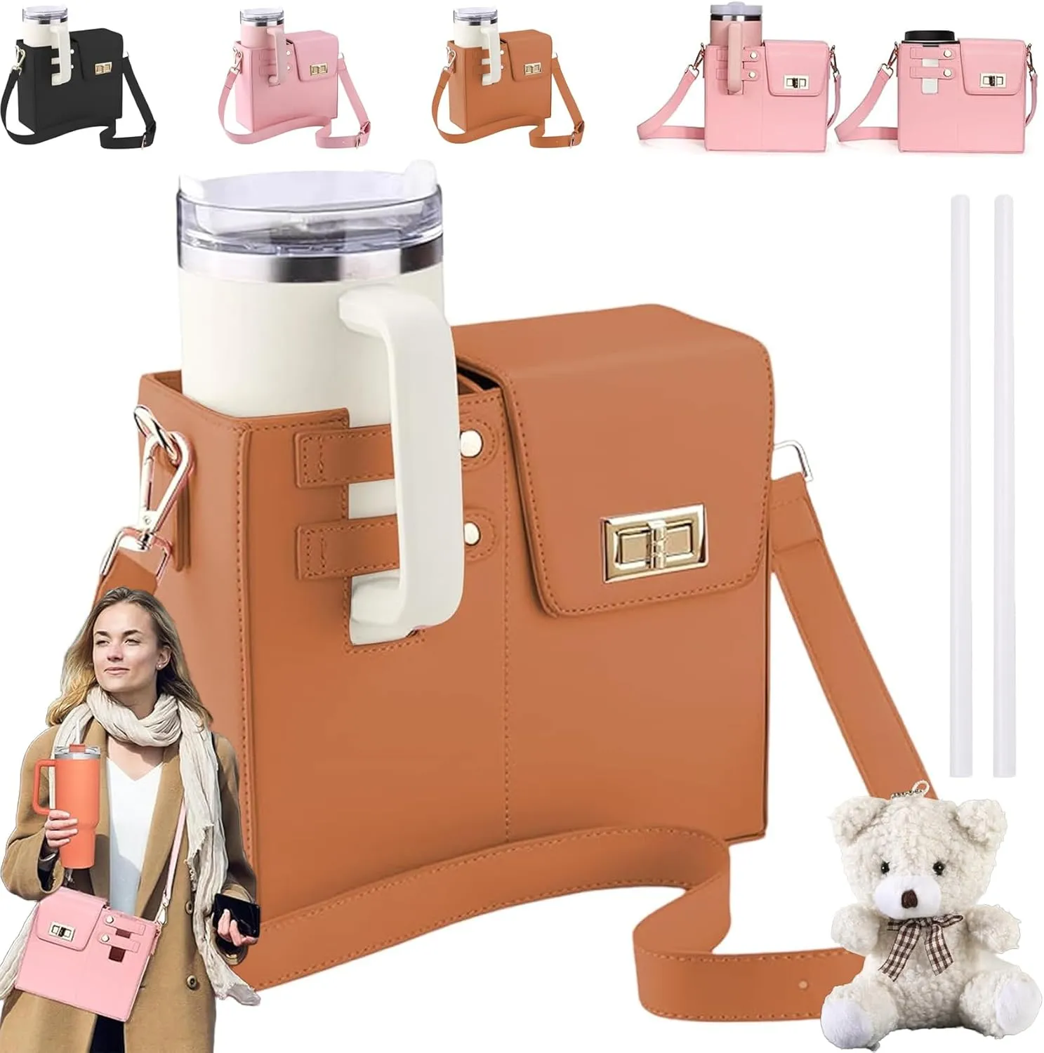 Outdoor Portable Crossbody Water Cup Storage Bag, Cup Holder Bag for Stanley Cup 40 Oz Tumbler, Water Bottle Holder Bag with 2 Adjustable Strap, Stanley Bag for Sports Hiking Travelling (Brown)