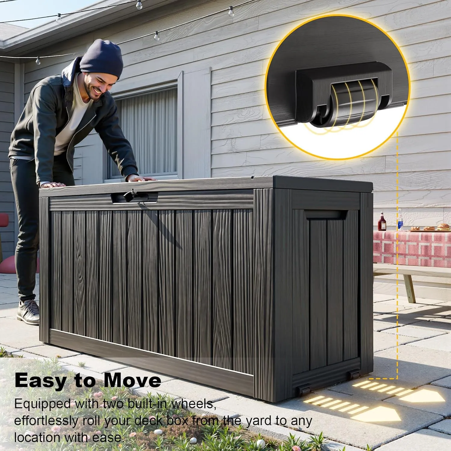 Outdoor Storage Box with Wheels – 75 Gallon Mobile Waterproof Resin Deck Box, Lockable Storage for Patio Cushions, Garden Tools, Pool Accessories – UV-Resistant Storage Bench for Backyard & Deck