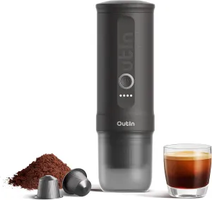 OutIn Nano Portable Electric Espresso Machine with 3-4 Min Self-Heating, 20 Bar Mini Small 5V Car Coffee Maker, Compatible with NS Capsule & Ground Coffee for Camping, Travel, RV, Hiking, Office