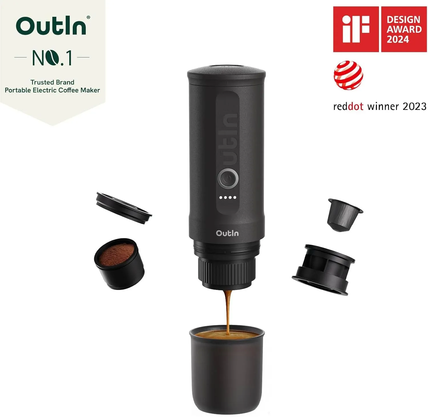 OutIn Nano Portable Electric Espresso Machine with 3-4 Min Self-Heating, 20 Bar Mini Small 5V Car Coffee Maker, Compatible with NS Capsule & Ground Coffee for Camping, Travel, RV, Hiking, Office