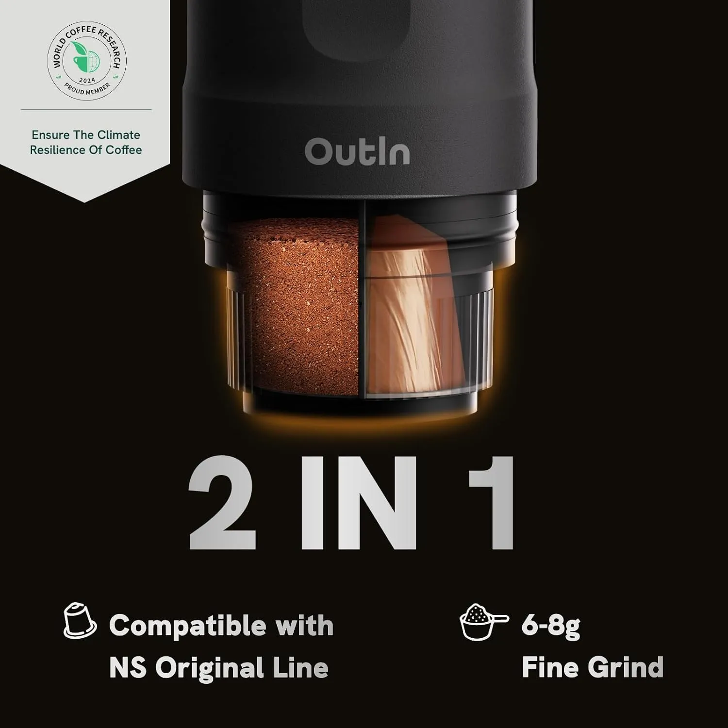 OutIn Nano Portable Electric Espresso Machine with 3-4 Min Self-Heating, 20 Bar Mini Small 5V Car Coffee Maker, Compatible with NS Capsule & Ground Coffee for Camping, Travel, RV, Hiking, Office