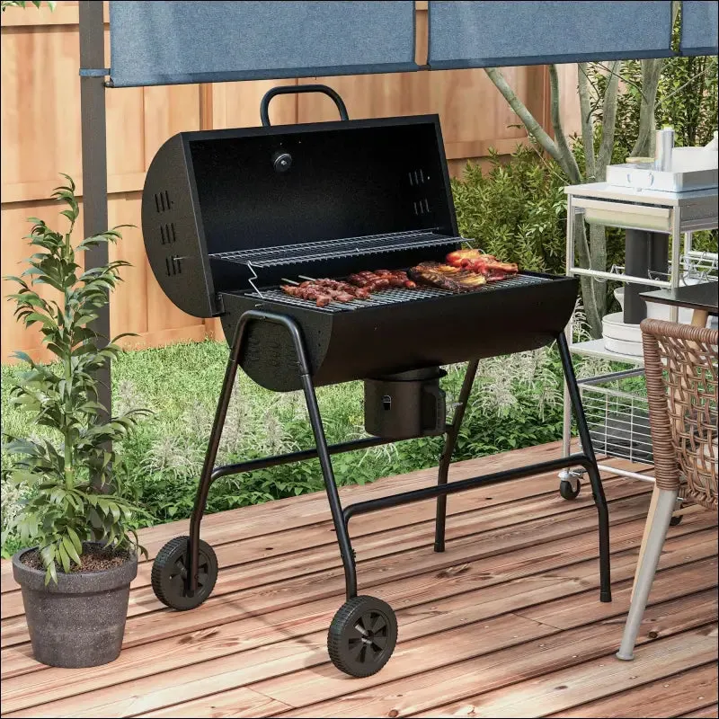 Outsunny barrel charcoal bbq grill with 420 sq.in. Cooking area, outdoor barbecue with wheels, ash