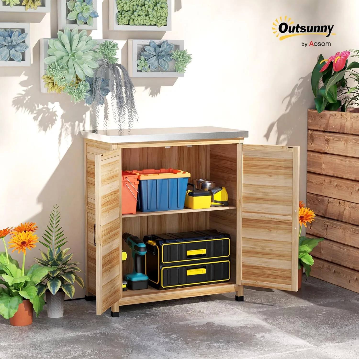 Outsunny Outdoor Storage Cabinet, Wooden Tool Storage Box with Metal Tabletop and Shelf, Potting Bench Table with Double Doors for Patio, Garden, Backyard, Natural Wood