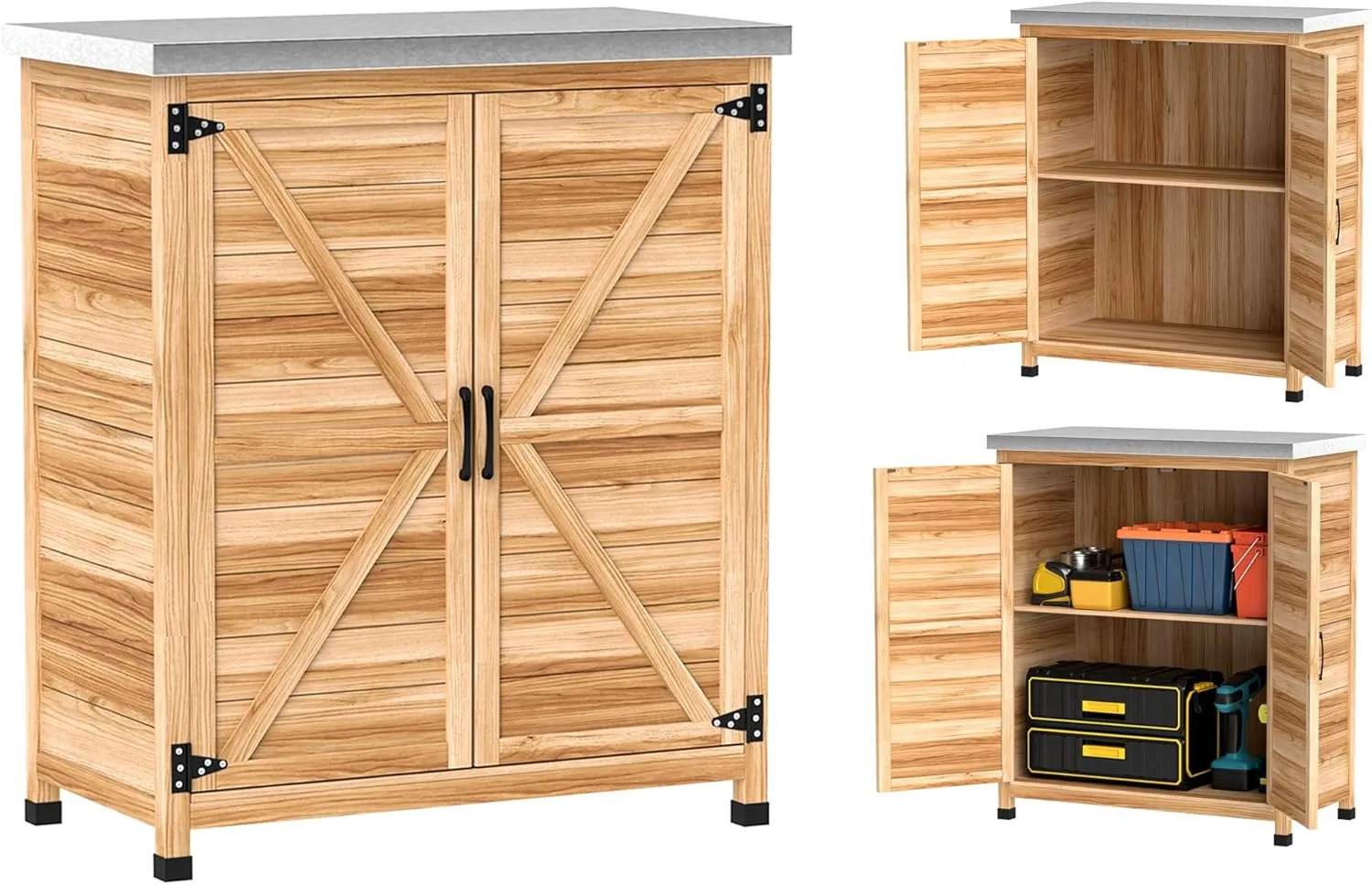 Outsunny Outdoor Storage Cabinet, Wooden Tool Storage Box with Metal Tabletop and Shelf, Potting Bench Table with Double Doors for Patio, Garden, Backyard, Natural Wood
