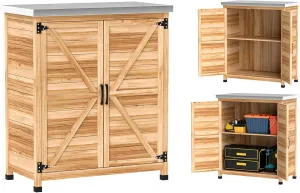 Outsunny Outdoor Storage Cabinet, Wooden Tool Storage Box with Metal Tabletop and Shelf, Potting Bench Table with Double Doors for Patio, Garden, Backyard, Natural Wood