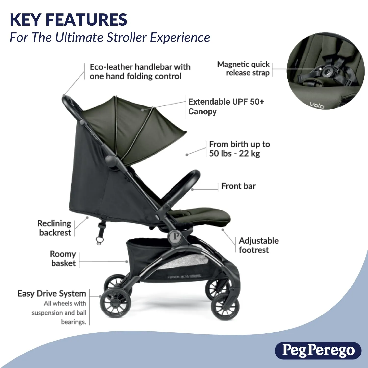 Peg Perego Volo, Ultra Lightweight Carry On Compliant Travel Stroller, Adjustable Features & Reclining Seat - Designed for Everyday Comfort from Newborn to 50lbs, Metal (Sage Green)