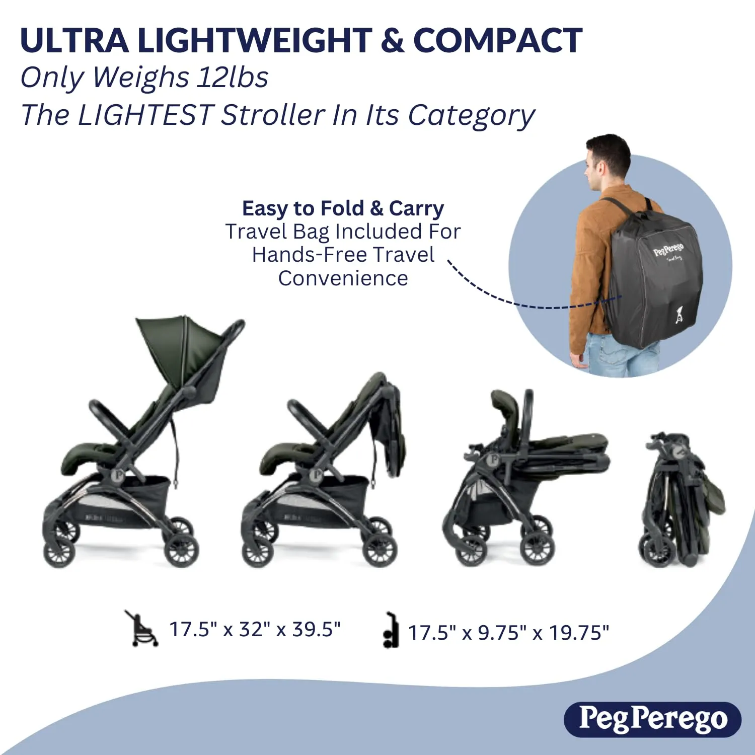 Peg Perego Volo, Ultra Lightweight Carry On Compliant Travel Stroller, Adjustable Features & Reclining Seat - Designed for Everyday Comfort from Newborn to 50lbs, Metal (Sage Green)