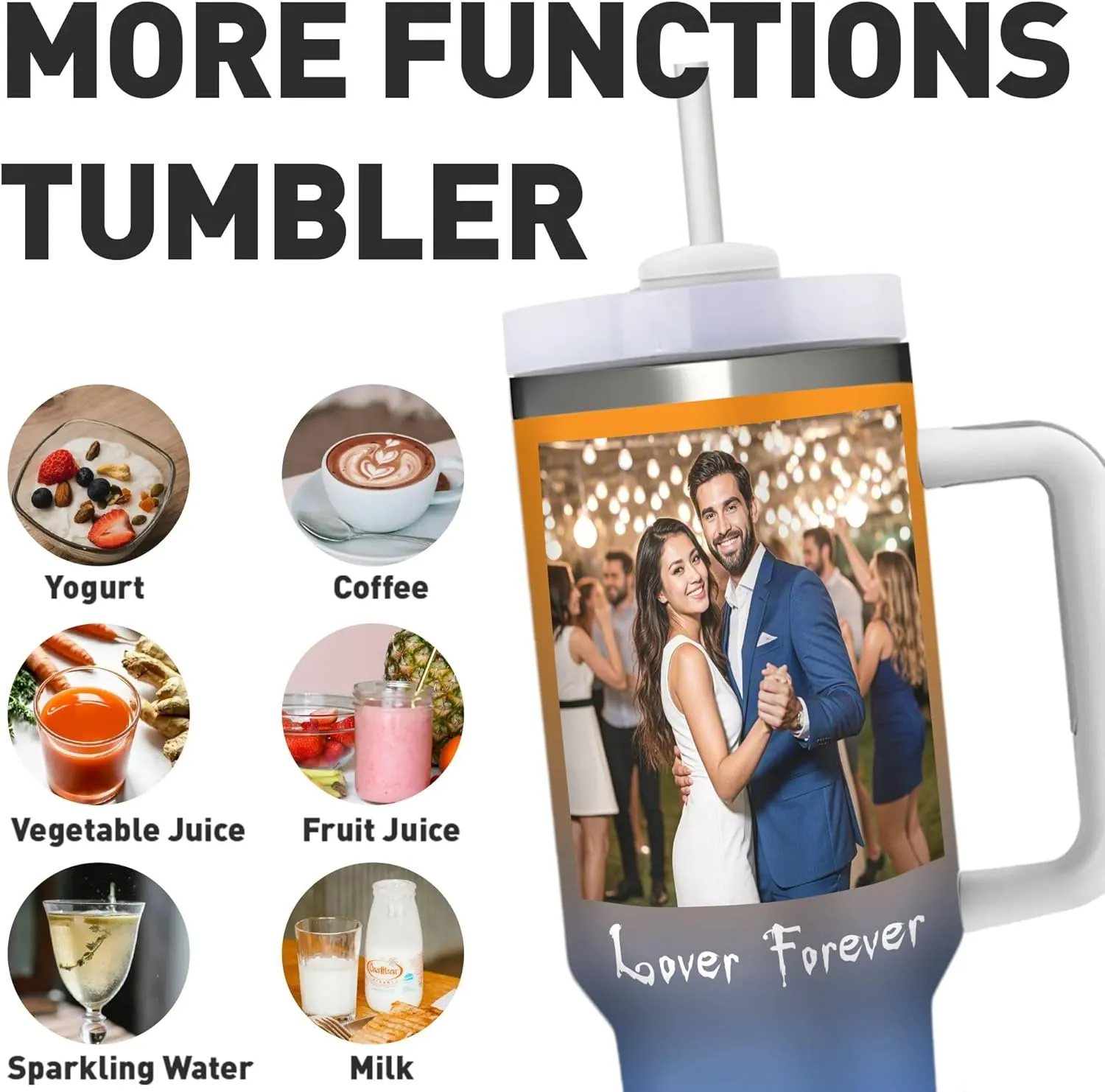 Personalized 40 oz Insulated Tumbler with Handle and Straw, Custom Stainless Steel Coffee Cup with Photo Logo Text, Customized Double Walled Vacuum Travel Car Cup