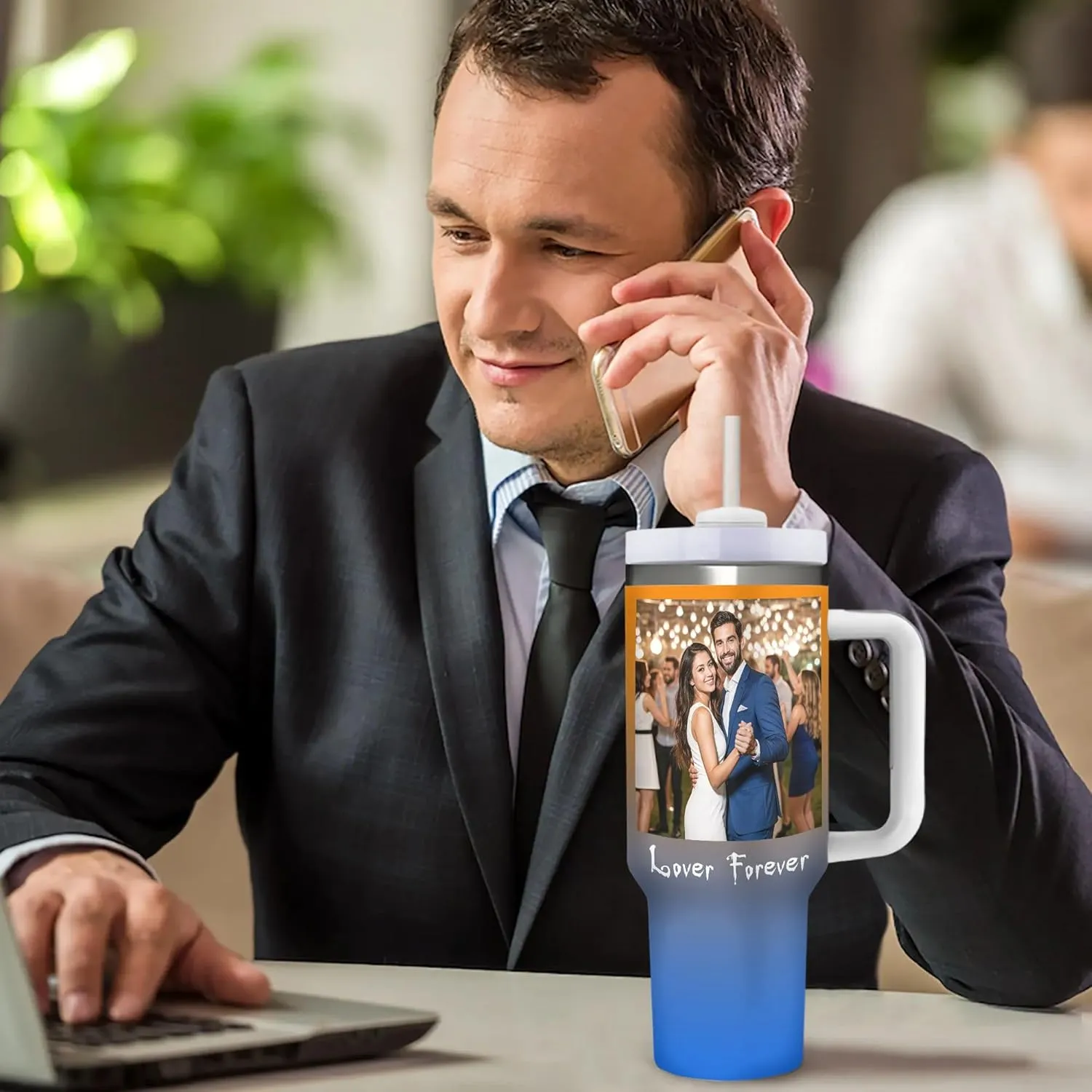 Personalized 40 oz Insulated Tumbler with Handle and Straw, Custom Stainless Steel Coffee Cup with Photo Logo Text, Customized Double Walled Vacuum Travel Car Cup