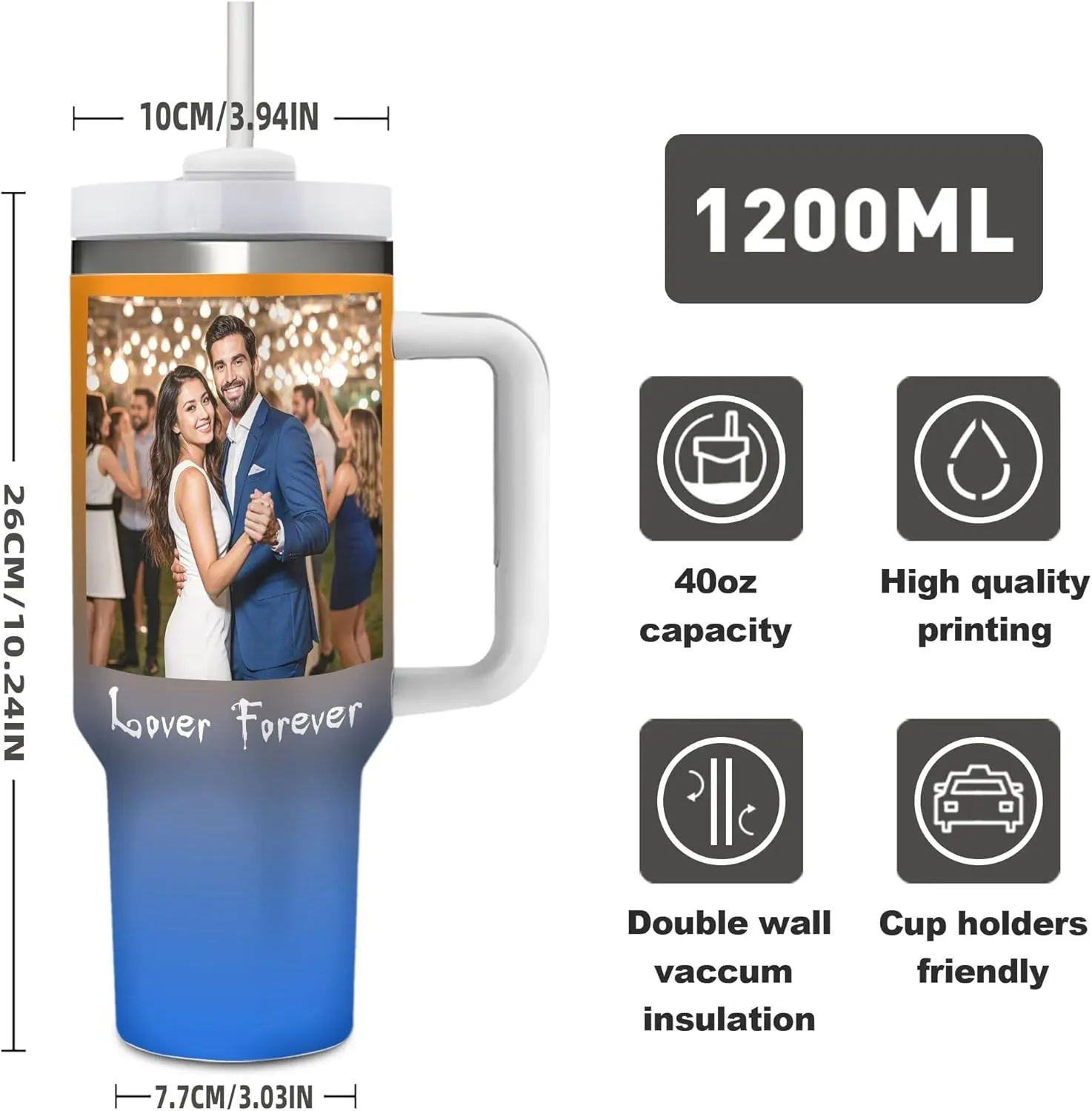 Personalized 40 oz Insulated Tumbler with Handle and Straw, Custom Stainless Steel Coffee Cup with Photo Logo Text, Customized Double Walled Vacuum Travel Car Cup