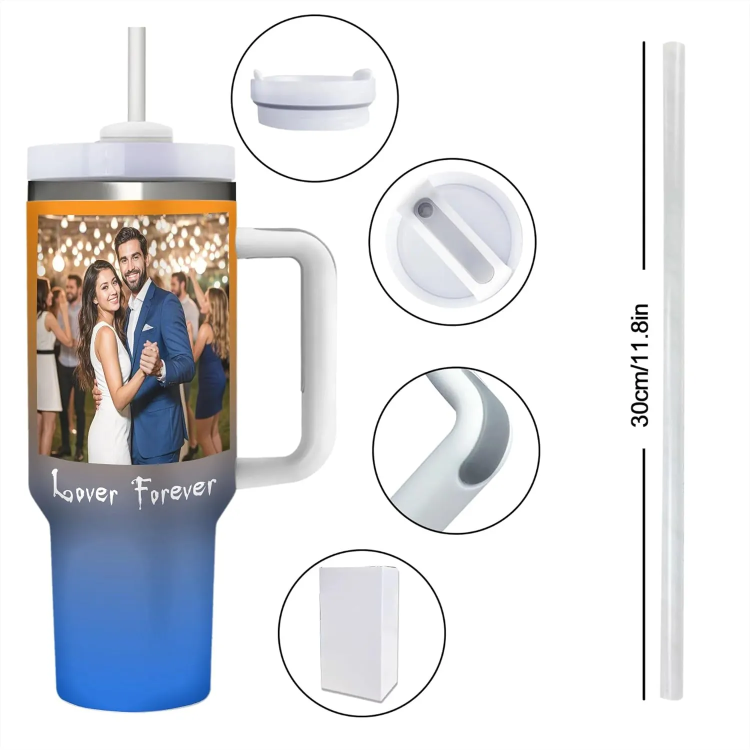 Personalized 40 oz Insulated Tumbler with Handle and Straw, Custom Stainless Steel Coffee Cup with Photo Logo Text, Customized Double Walled Vacuum Travel Car Cup