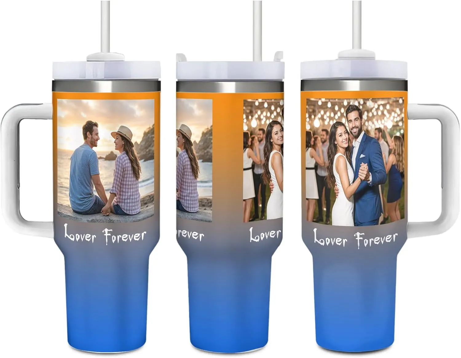 Personalized 40 oz Insulated Tumbler with Handle and Straw, Custom Stainless Steel Coffee Cup with Photo Logo Text, Customized Double Walled Vacuum Travel Car Cup