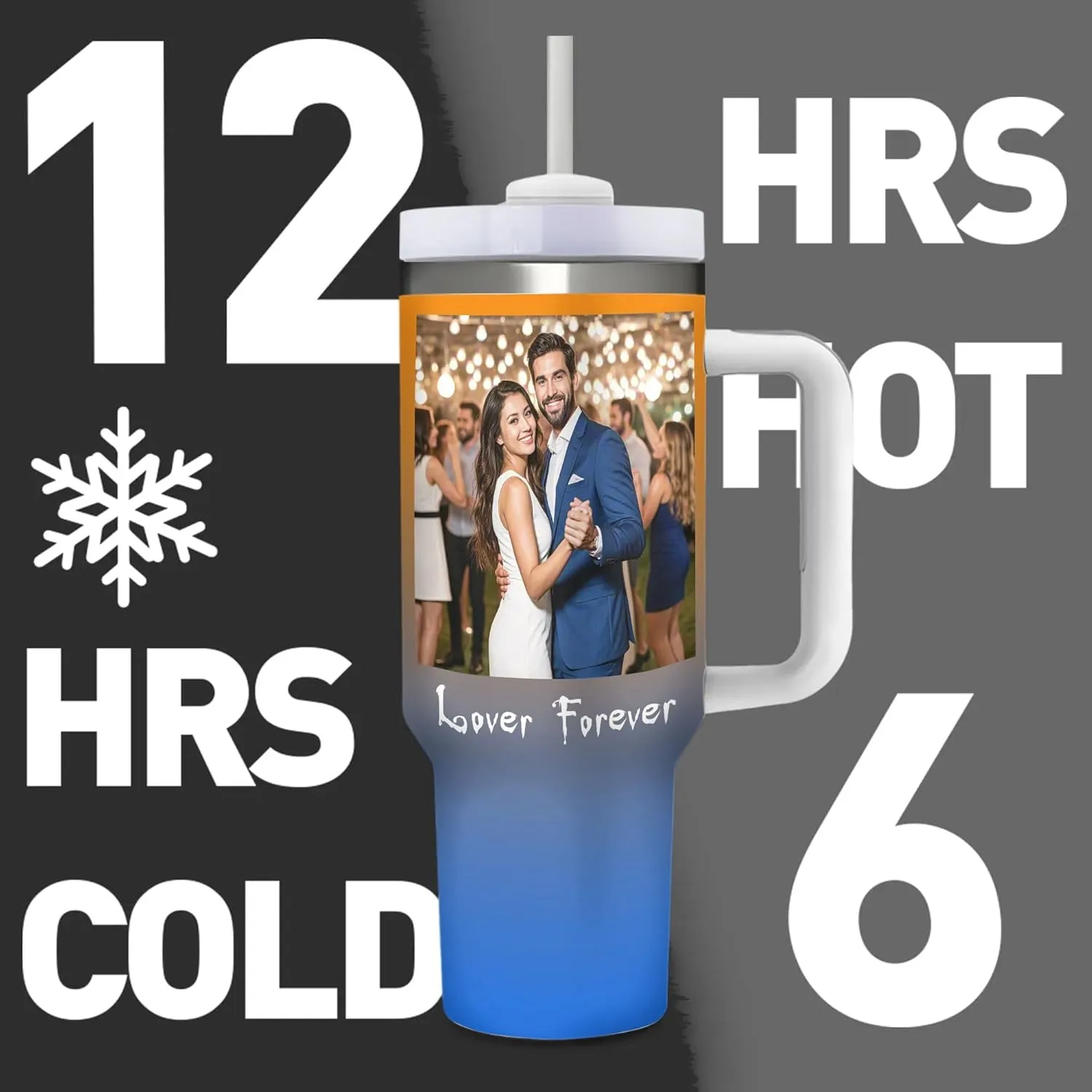 Personalized 40 oz Insulated Tumbler with Handle and Straw, Custom Stainless Steel Coffee Cup with Photo Logo Text, Customized Double Walled Vacuum Travel Car Cup