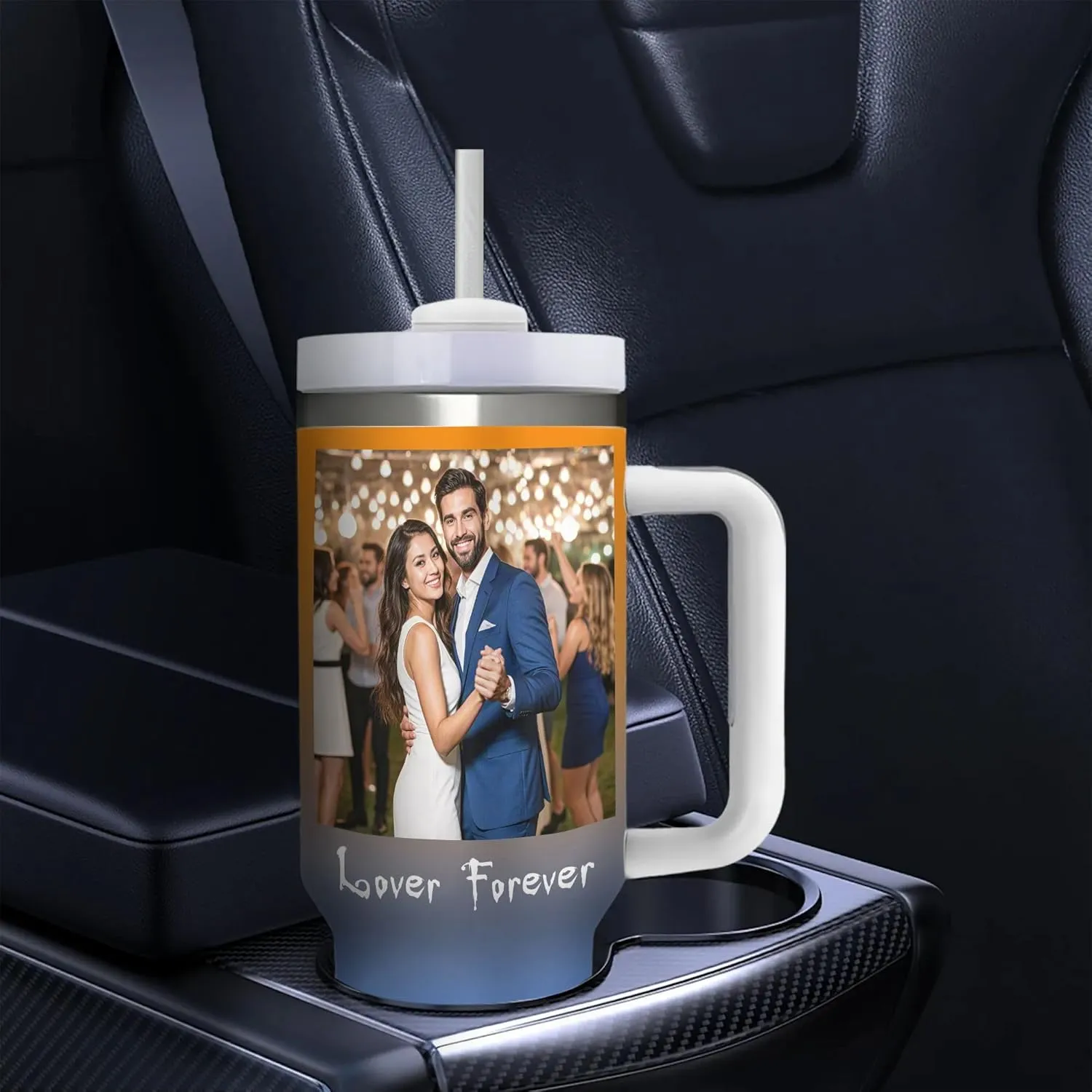 Personalized 40 oz Insulated Tumbler with Handle and Straw, Custom Stainless Steel Coffee Cup with Photo Logo Text, Customized Double Walled Vacuum Travel Car Cup