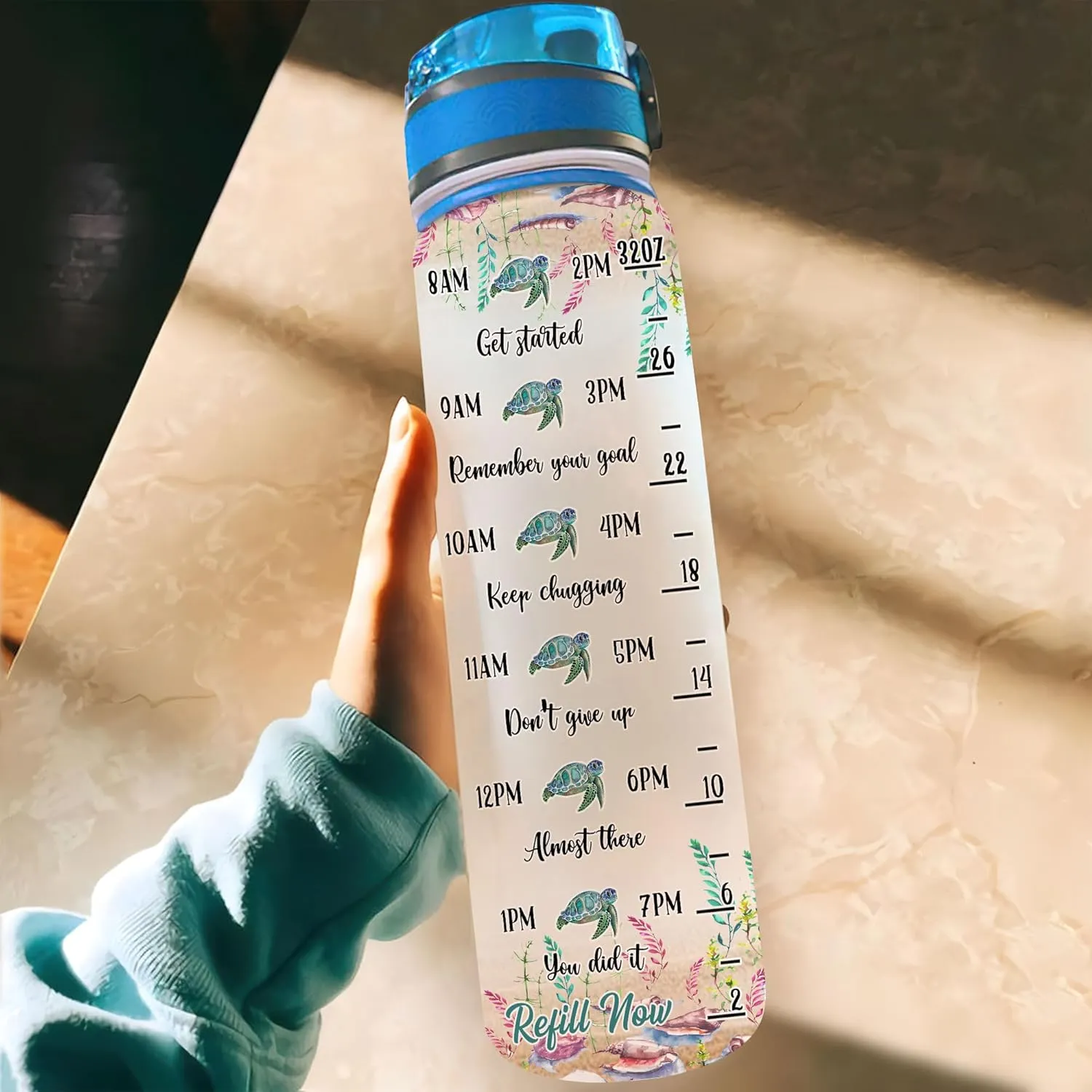 Personalized Turtle 32Oz 1Liter Motivational Water Bottle, Customized Name With Time Marker Gifts For Women, Man Gifts For Turtle Lovers On Birthday, Mother's Day, Any Anniversary