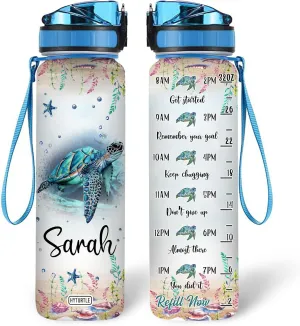 Personalized Turtle 32Oz 1Liter Motivational Water Bottle, Customized Name With Time Marker Gifts For Women, Man Gifts For Turtle Lovers On Birthday, Mother's Day, Any Anniversary