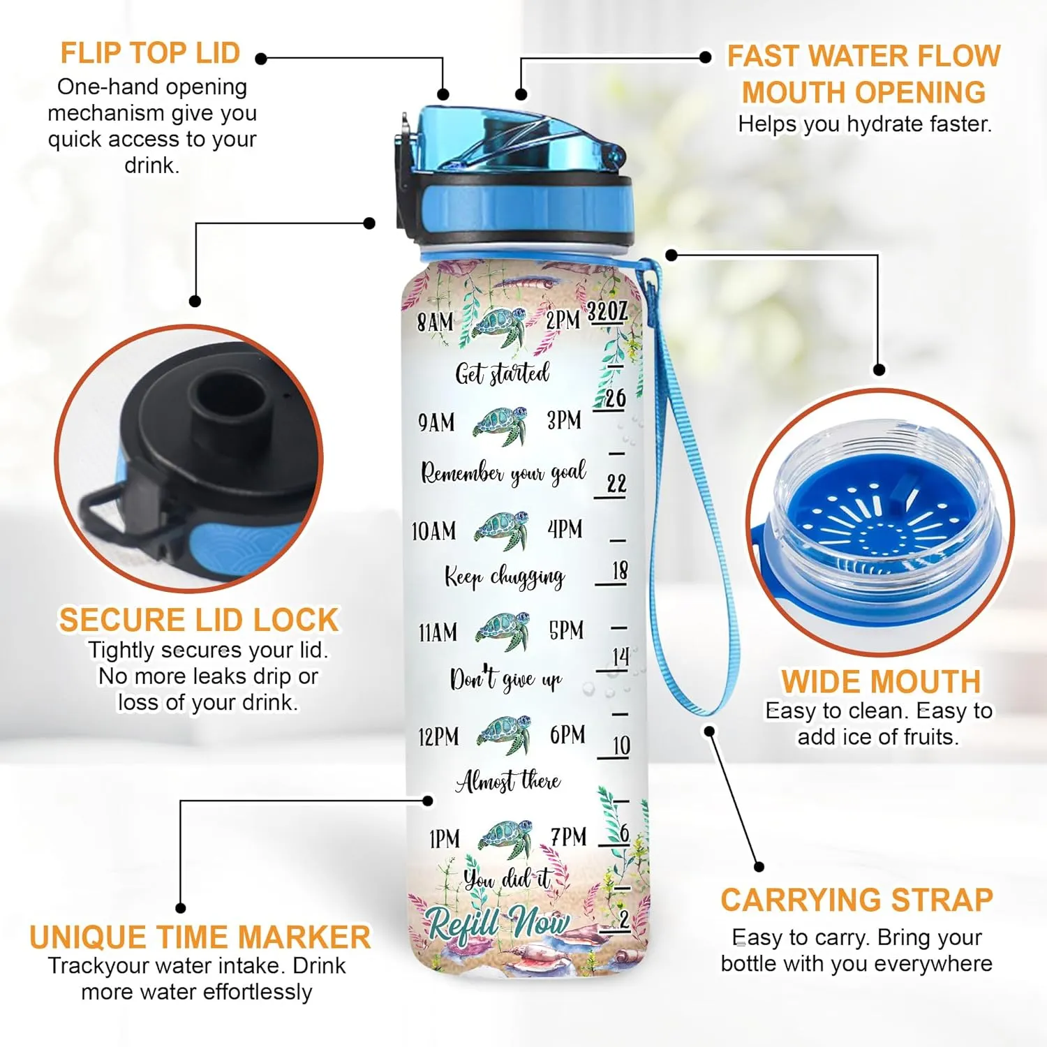 Personalized Turtle 32Oz 1Liter Motivational Water Bottle, Customized Name With Time Marker Gifts For Women, Man Gifts For Turtle Lovers On Birthday, Mother's Day, Any Anniversary