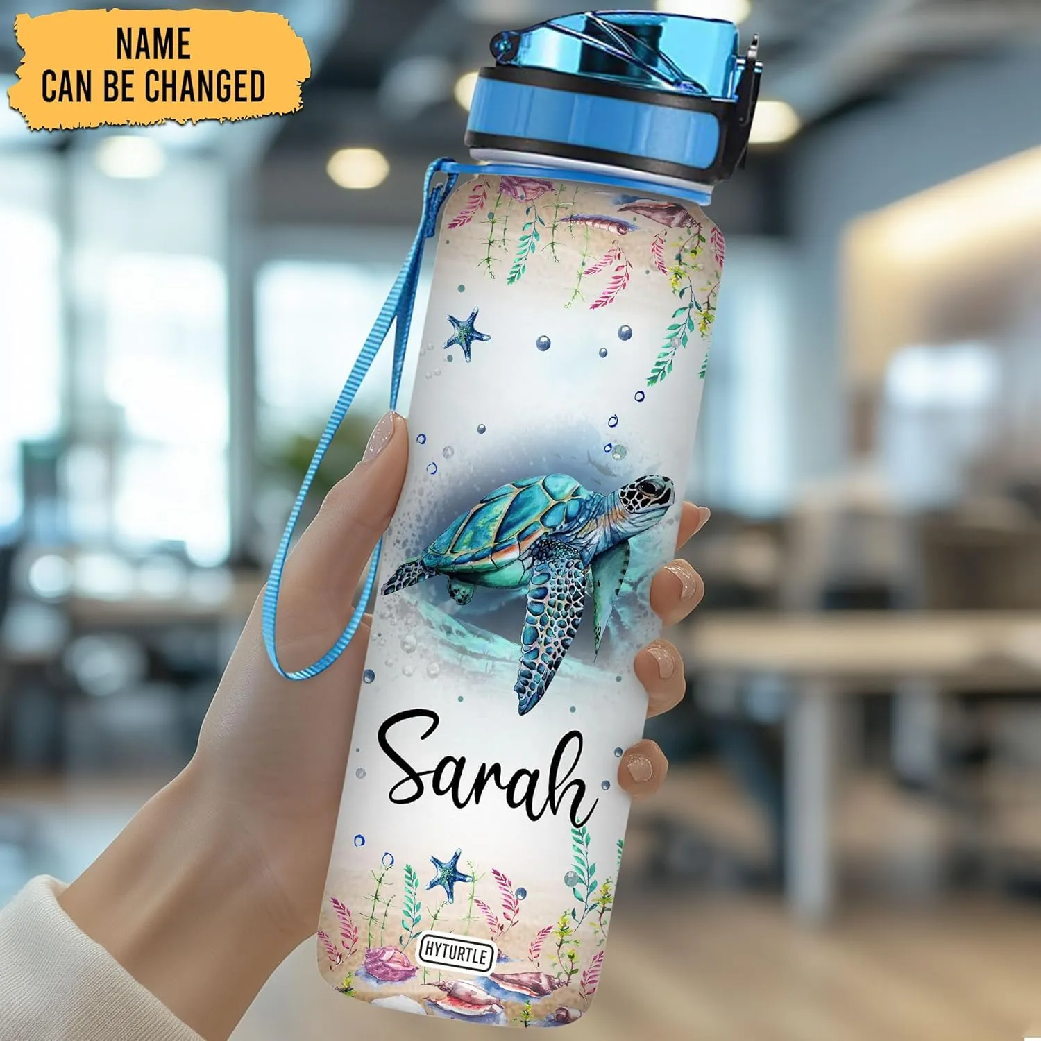 Personalized Turtle 32Oz 1Liter Motivational Water Bottle, Customized Name With Time Marker Gifts For Women, Man Gifts For Turtle Lovers On Birthday, Mother's Day, Any Anniversary