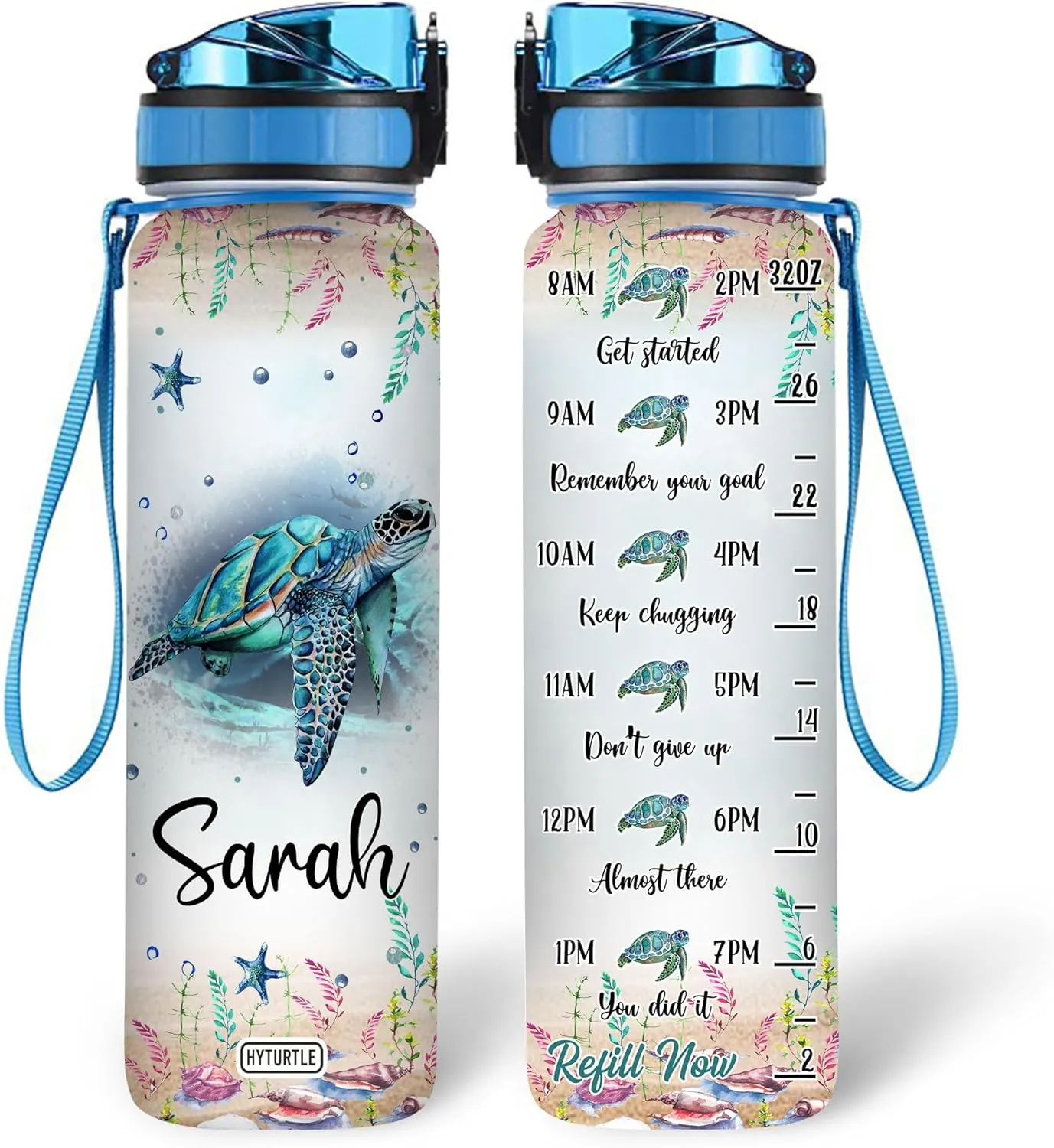 Personalized Turtle 32Oz 1Liter Motivational Water Bottle, Customized Name With Time Marker Gifts For Women, Man Gifts For Turtle Lovers On Birthday, Mother's Day, Any Anniversary