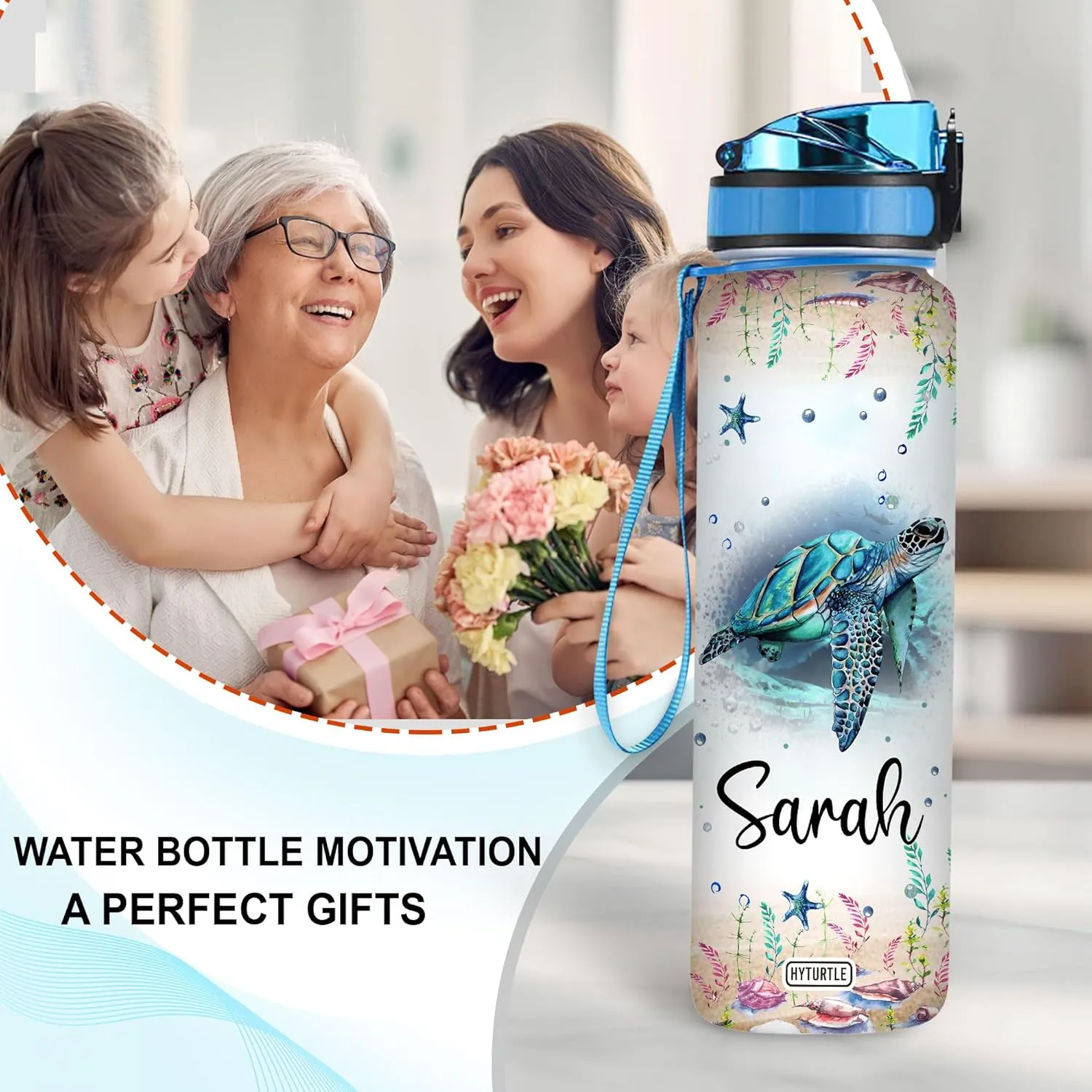 Personalized Turtle 32Oz 1Liter Motivational Water Bottle, Customized Name With Time Marker Gifts For Women, Man Gifts For Turtle Lovers On Birthday, Mother's Day, Any Anniversary