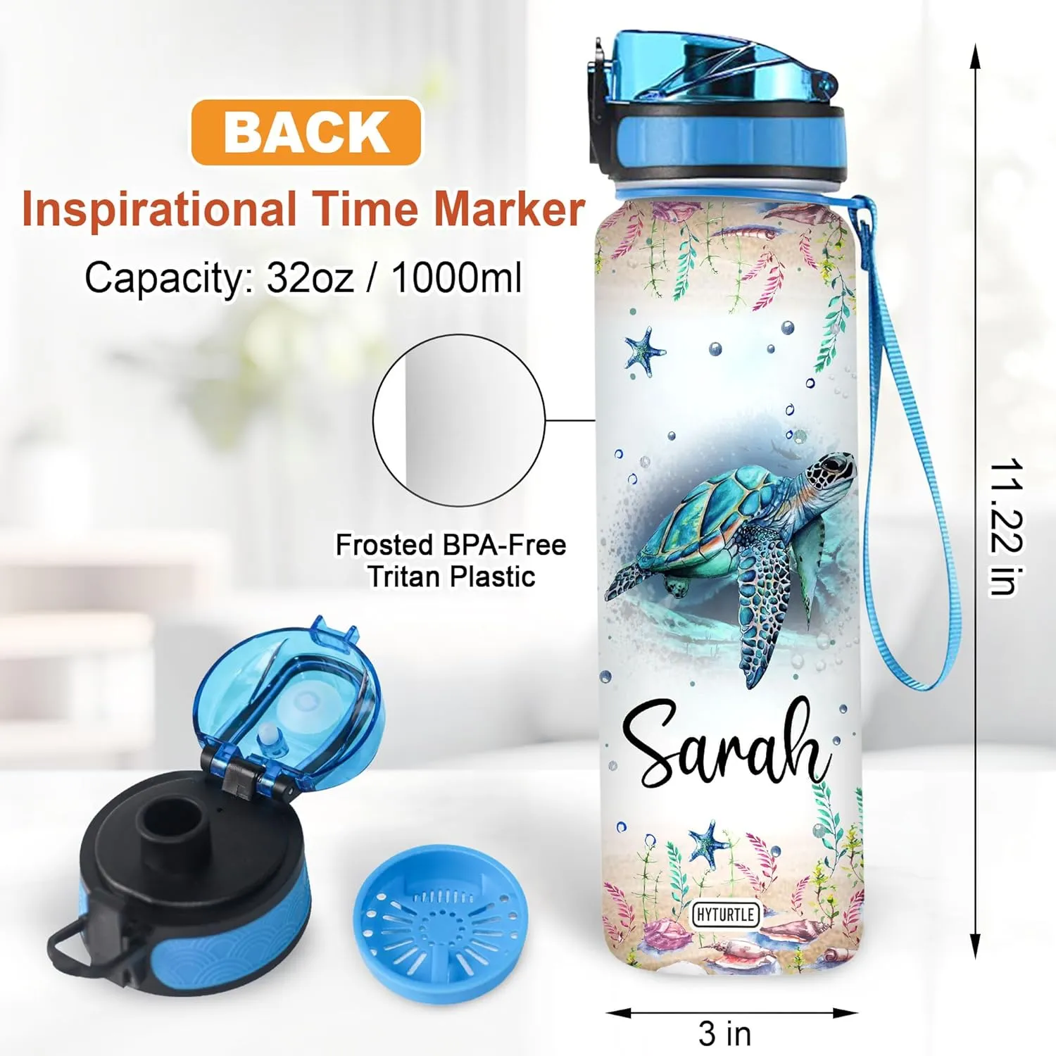 Personalized Turtle 32Oz 1Liter Motivational Water Bottle, Customized Name With Time Marker Gifts For Women, Man Gifts For Turtle Lovers On Birthday, Mother's Day, Any Anniversary