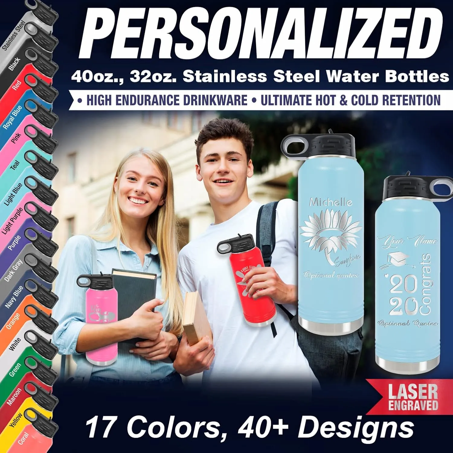 Personalized Water Bottle for Girls 40oz/32oz, Custom Insulated Water Flask, Stainless Steel Sports Double Wall Thermos with Straw and Flip-Top Lid, Name/Text Engraved by iProductsUS, (Light Blue)