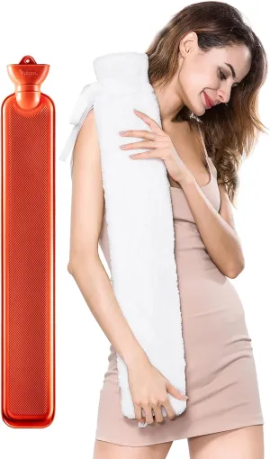 Peterpan Long Hot Water Bottle with Cover, Hot Water Bag for Pain Relief, Holds 70 fl oz, BPA & Phthalate-Free, High Rubber Content, White