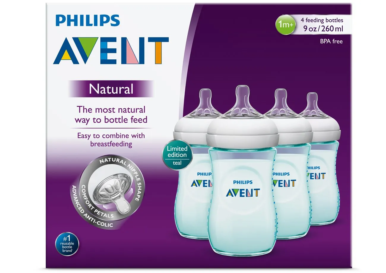 Philips AVENT Natural Bottle, Teal, 9 Ounce, 4 Count