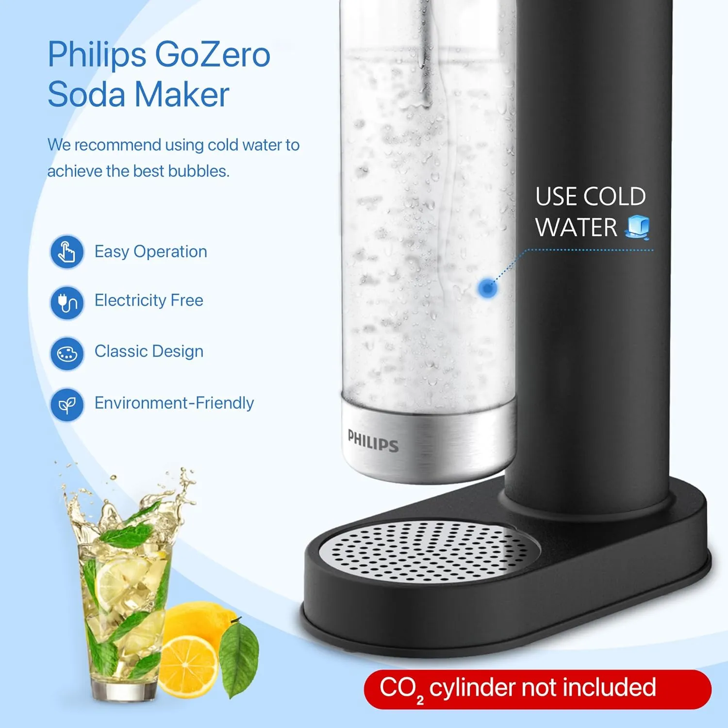 Philips Sparkling Water Maker, Soda Streaming Machine with Quick Twist Bottle, 1L BPA free PET Carbonating Bottle, Soda Maker Compatible with 60L CO2 Carbonator (NOT Included), ADD4902BKOQ/37