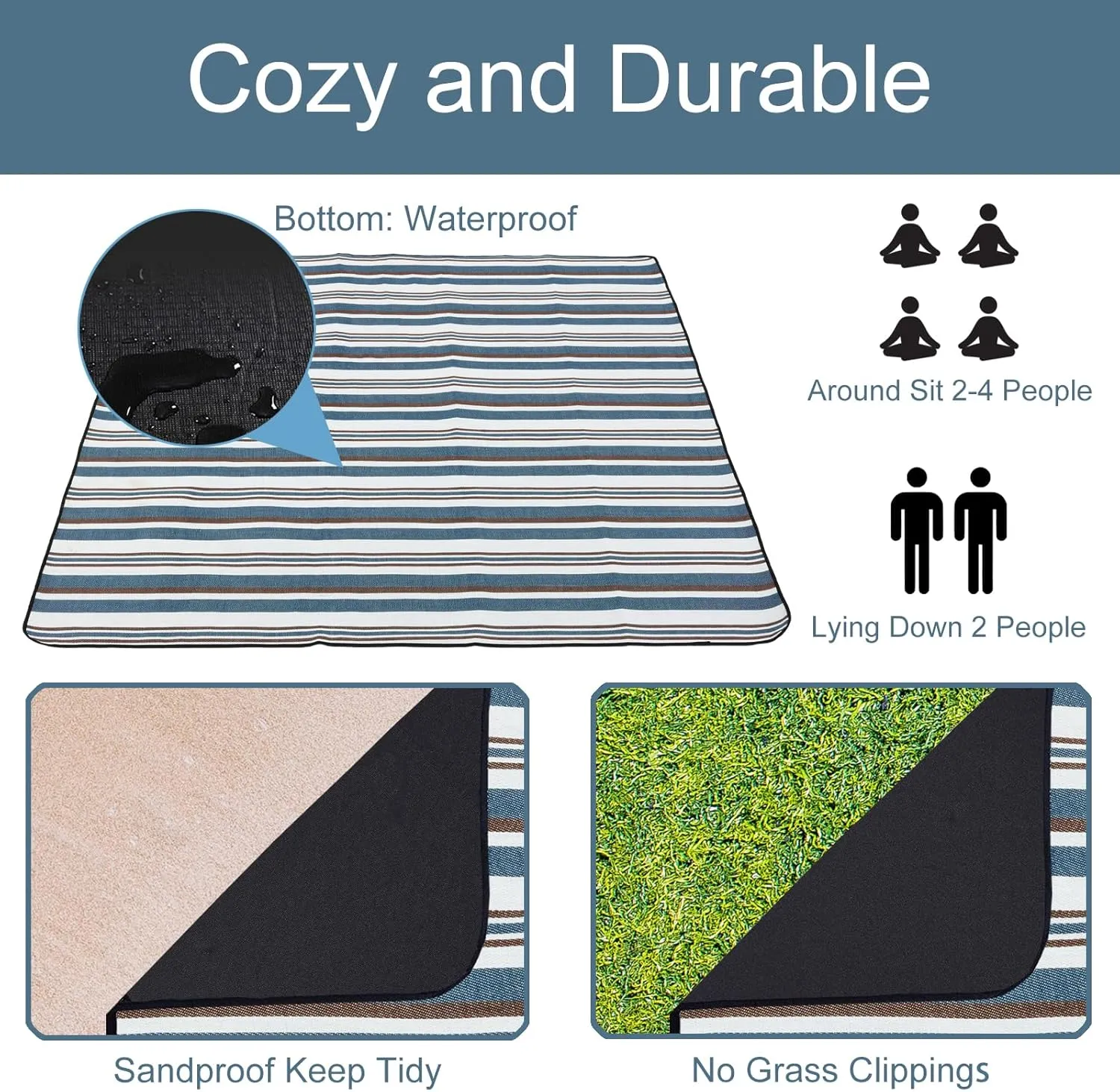 Picnic Blanket with Bag, Comfortable 60" x 80" Mat for Strap, Foldable Outdoor Blanket for Park, Beach, Travel, Camping, Yard, Concerts (Stripe)
