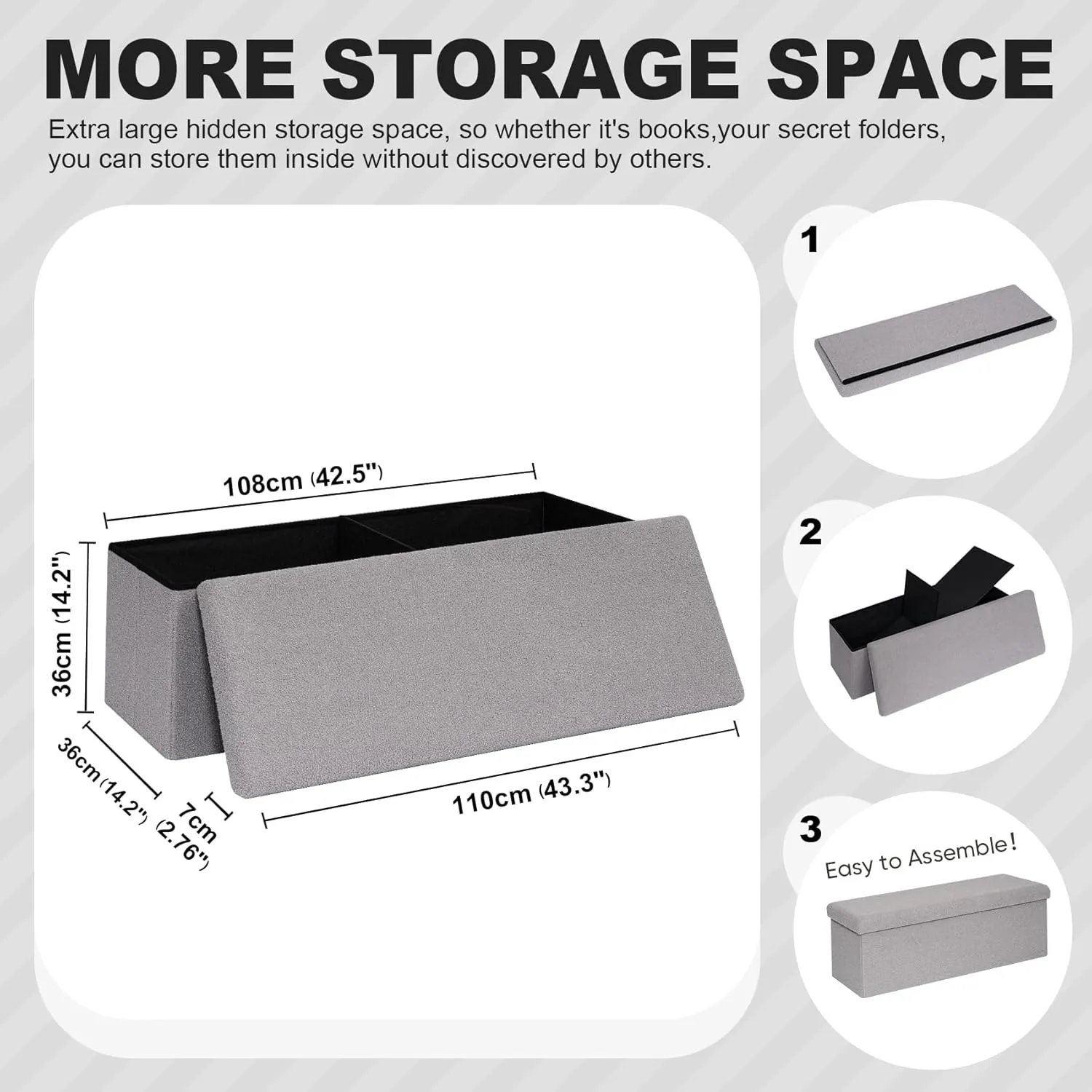 PINPLUS Storage Ottoman Bench Sherpa Foot Rest, Foldable Boucle Ottomans, Large Faux Teddy Fur Ottoman Storage Box Entryway Bench for Dorm, Grey 43.3'' x 15'' x 15''