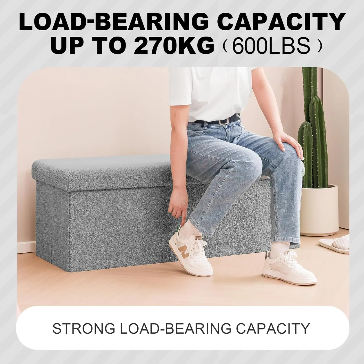 PINPLUS Storage Ottoman Bench Sherpa Foot Rest, Foldable Boucle Ottomans, Large Faux Teddy Fur Ottoman Storage Box Entryway Bench for Dorm, Grey 43.3'' x 15'' x 15''
