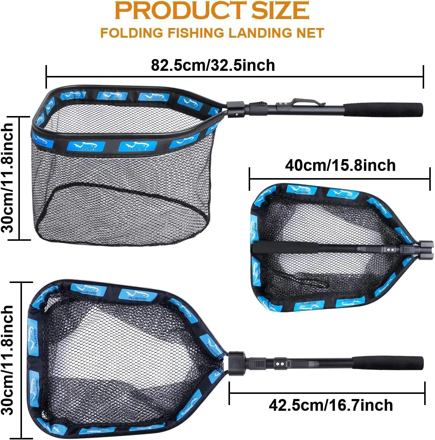 PLUSINNO Floating Fishing Net for Steelhead, Salmon, Fly, Kayak, Catfish, Bass, Trout Fishing, Rubber Coated Landing Net for Easy Catch & Release, Compact & Foldable for Easy Transportation & Storage