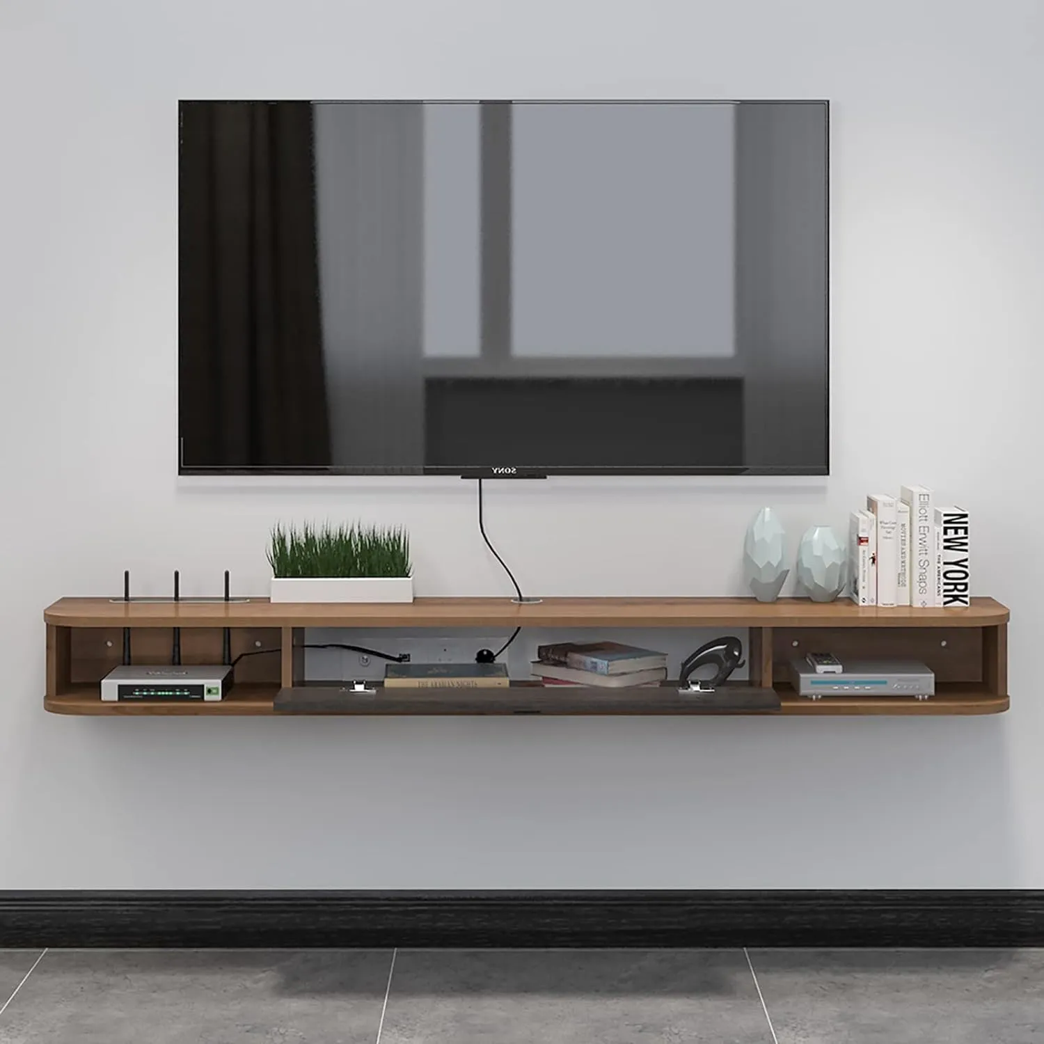 Pmnianhua Floating TV Shelf, 55'' Wall Mounted TV Stand Floating TV Console Media Entertainment Under TV Shelf for Bedroom Livingroom (Walnut)
