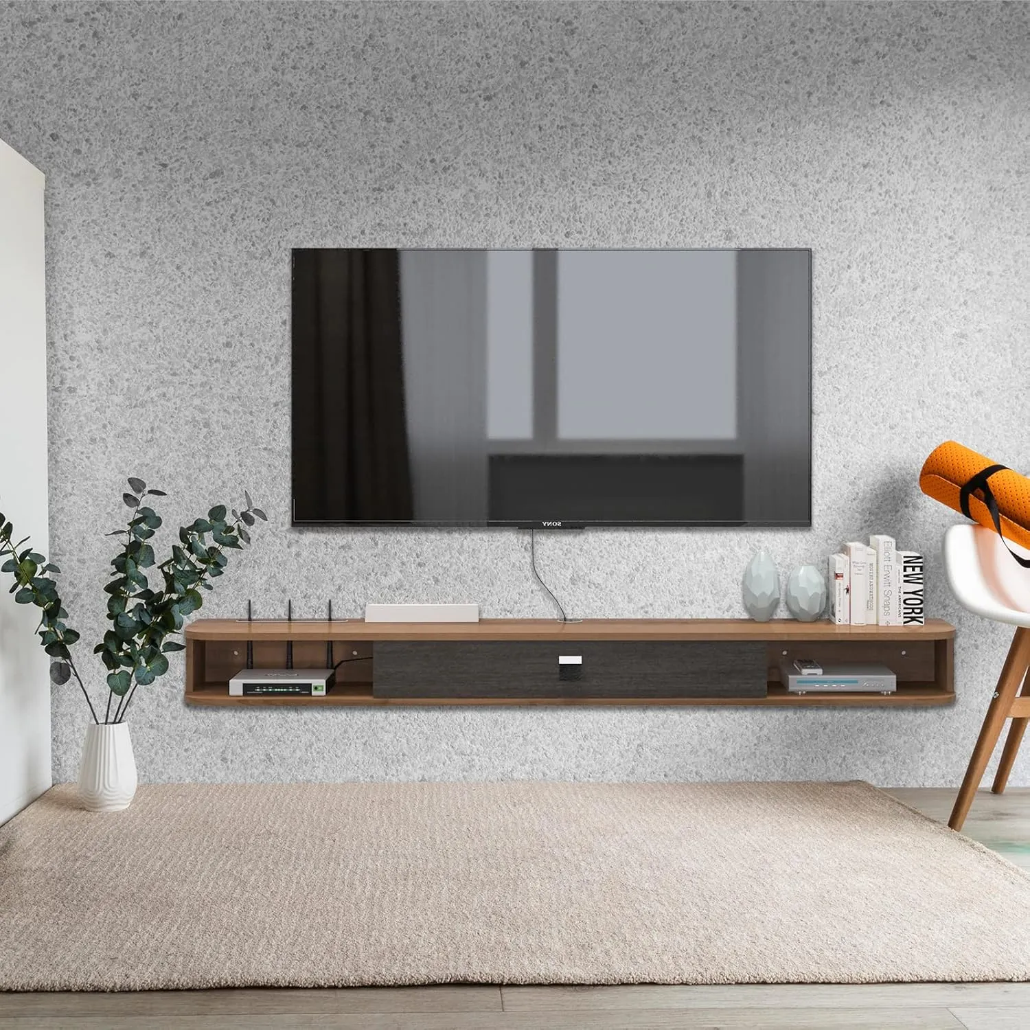 Pmnianhua Floating TV Shelf, 55'' Wall Mounted TV Stand Floating TV Console Media Entertainment Under TV Shelf for Bedroom Livingroom (Walnut)