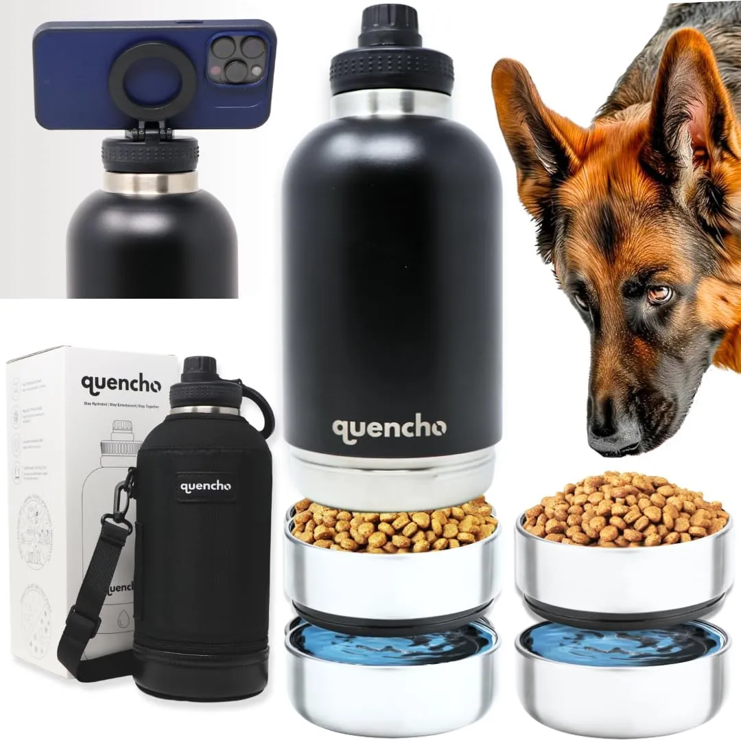 Portable Dog Water Bottle with Bowls For Hiking, Camping, Travel 4-in-1 Pet Water Bottle, Leak-Proof, Stainless Steel, Magnetic Phone Holder Lid - Quencho 64oz