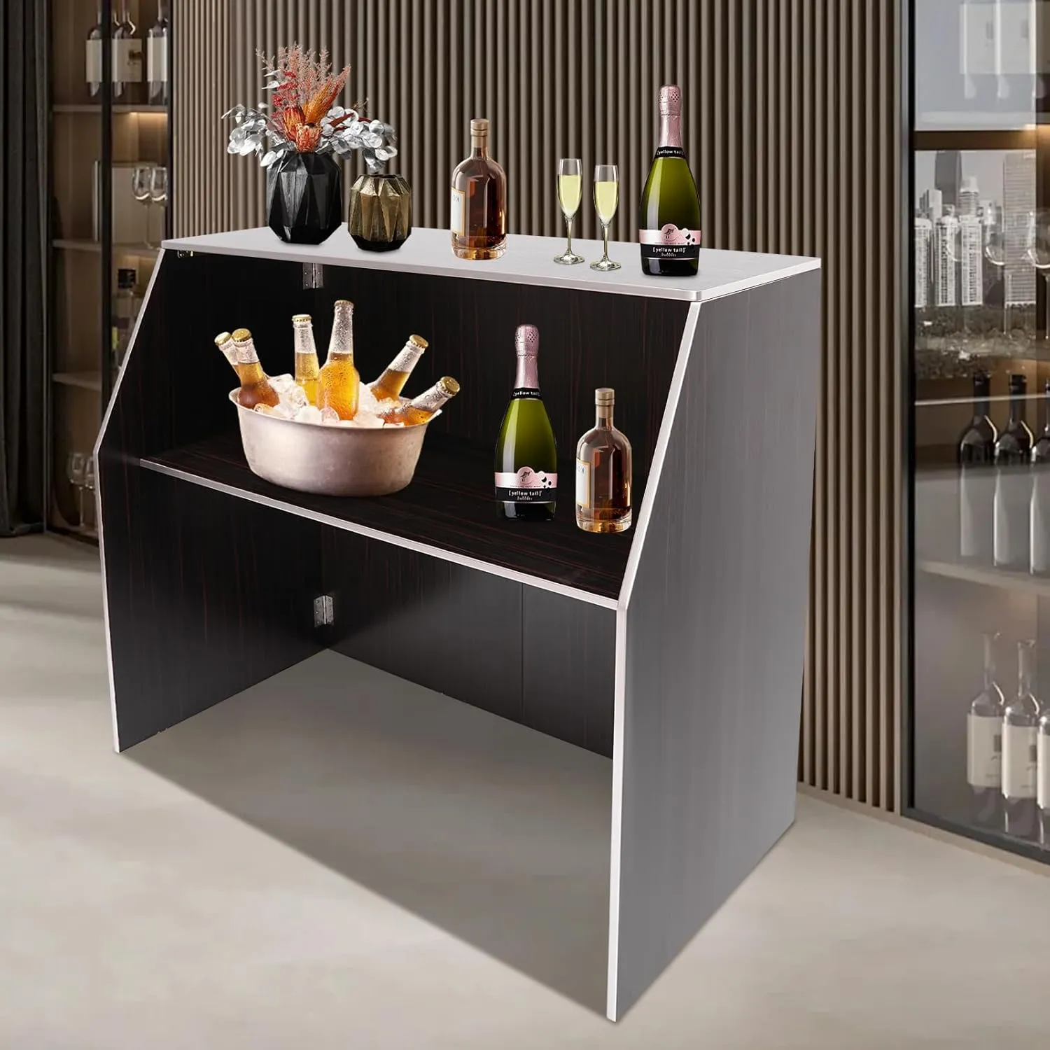 Portable Folding Event Bar with Top & Middle Shelves – Mobile Foldable Bar Cabinet for Parties, Events, and Home Use, Dark Brown   Aluminum Edge   Laminate