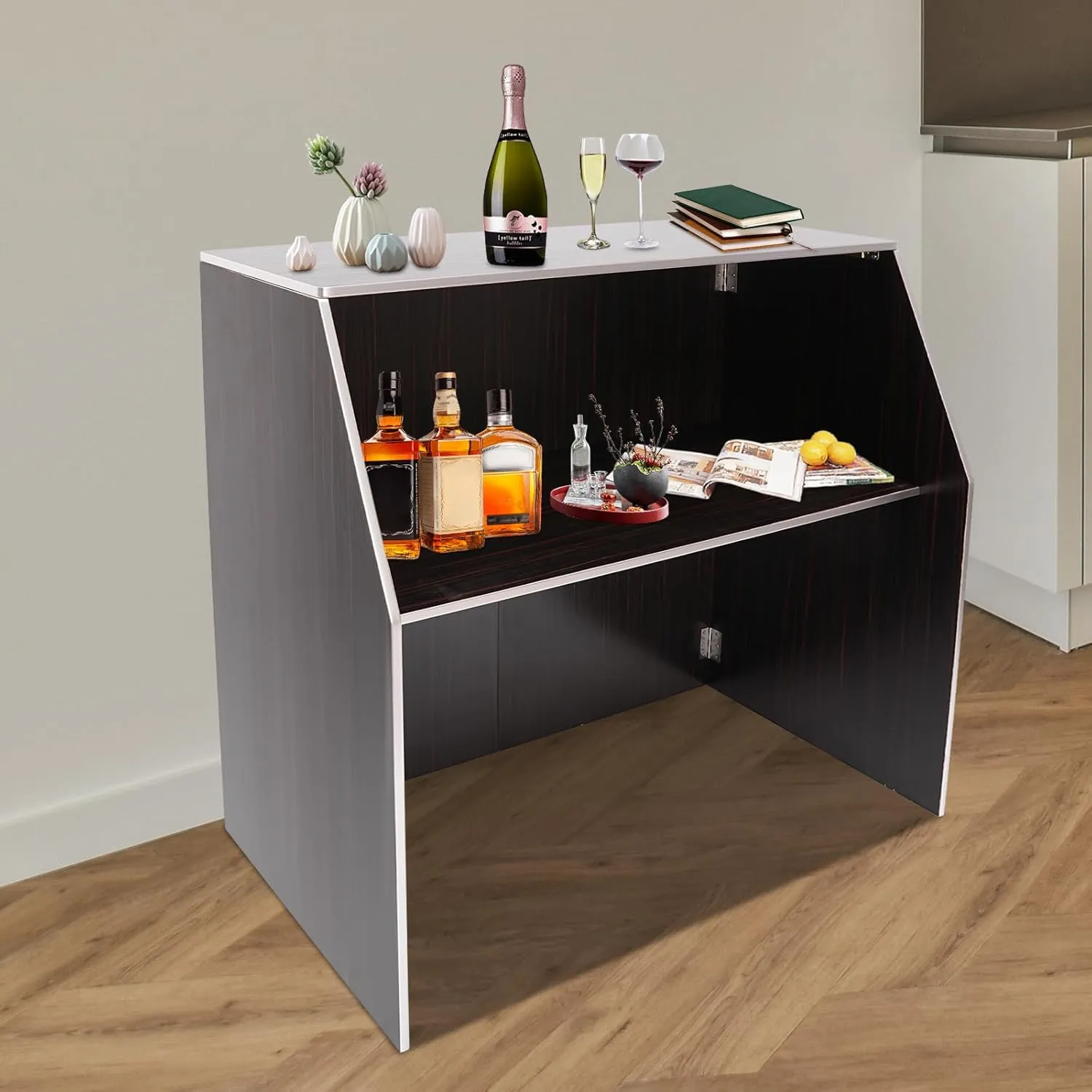 Portable Folding Event Bar with Top & Middle Shelves – Mobile Foldable Bar Cabinet for Parties, Events, and Home Use, Dark Brown   Aluminum Edge   Laminate