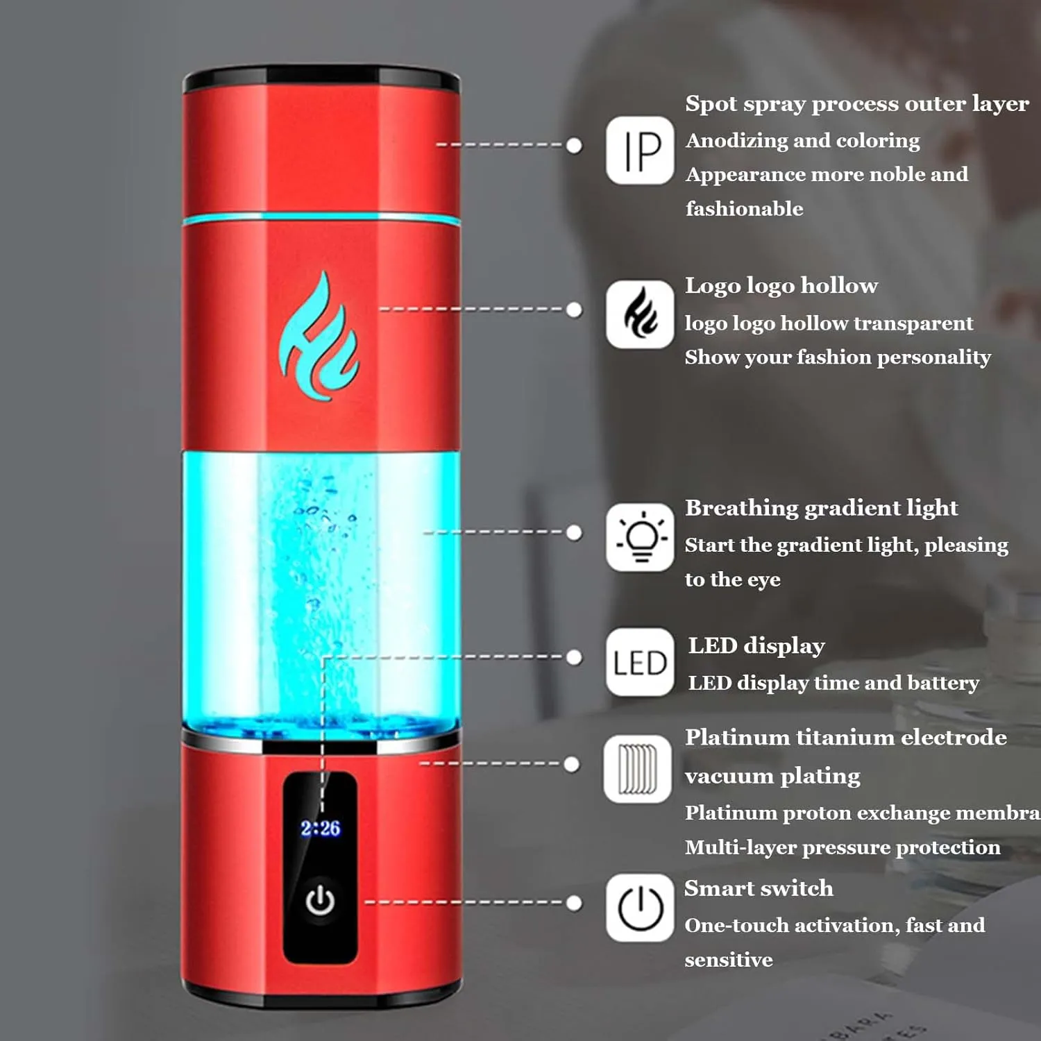 Portable Hydrogen Water Generator Bottle, with SPE Technology, Up to 5000PPB, Super Saturated Hydrogen-Rich Water Cup, Ionizer Health Cup for Home Travel