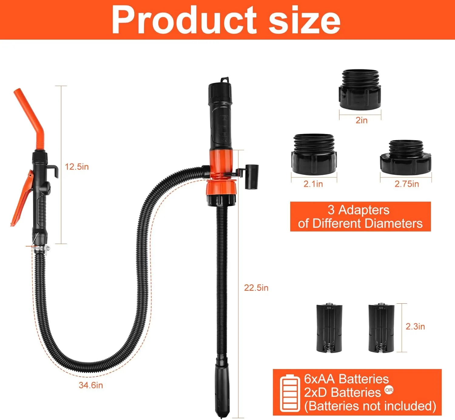 Portable Power Battery Transfer Pump, Fuel Transfer Pump Battery Powered with 3 Adapters, Gas Siphon Pump for Gasoline, Effortless Liquid Transfer Pump for Cars, Motorcycles, Camping（1 Pack）