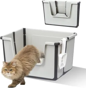 Portable Travel Litter Box for Cats, Foldable Litter Box with Scoop for Kitty, Low Entry Large Litter Tray with High Sides, Collapsible Cat Toilet for Car, RV,Airplane Travel
