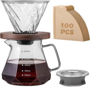 Pour Over Coffee Maker Set – V60 Drip Coffee Pot with Walnut Handle, Glass Coffee Dripper & 100 Filters, 20oz/600ml Capacity